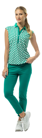 SanSoleil SOLAIR COOL ultra-mesh sleeveless polo shirt in green with I Heart Golf logo, designed for breathable comfort.