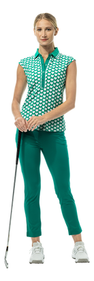 SanSoleil SOLAIR Cool Ultra-Mesh sleeveless polo in green, I Heart Golf logo, lightweight performance fabric, short sleeve style