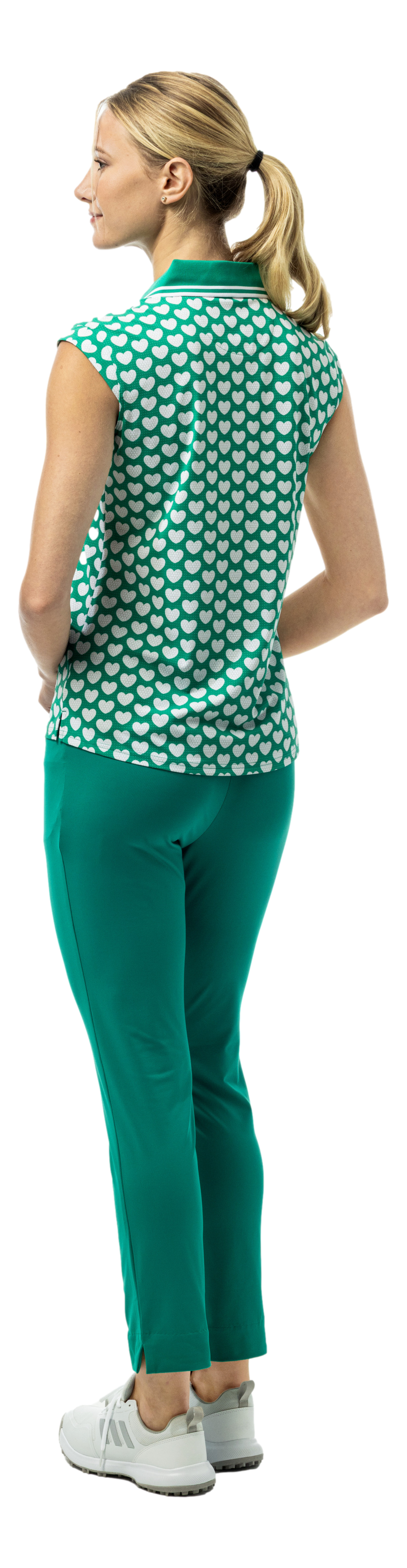 SanSoleil SOLAIR Cool Ultra-Mesh sleeveless polo in green with I Heart Golf logo, designed for breathability and comfort.