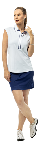 SanSoleil SOLAIR COOL Ultra-Mesh sleeveless polo in white navy, showcasing breathable fabric and classic polo design.