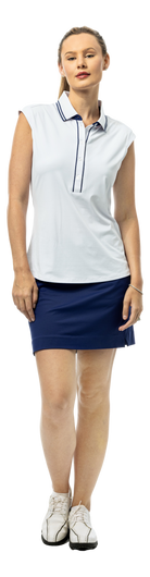 SanSoleil SOLAIR COOL Ultra-Mesh sleeveless polo in white navy, showing lightweight fabric and classic polo design.