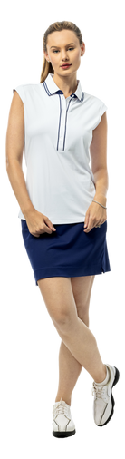 SanSoleil SOLAIR COOL Ultra-Mesh sleeveless polo in white navy, showing the lightweight, breathable fabric and stylish design.
