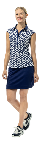 SanSoleil SOLAIR Cool Ultra-Mesh sleeveless polo in navy with I Heart Golf logo, featuring breathable fabric and sporty style.