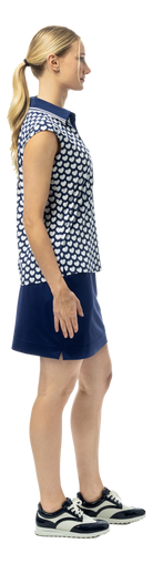 SanSoleil SOLAIR Cool Ultra-Mesh sleeveless polo in navy with I Heart Golf logo, lightweight and breathable for active wear.