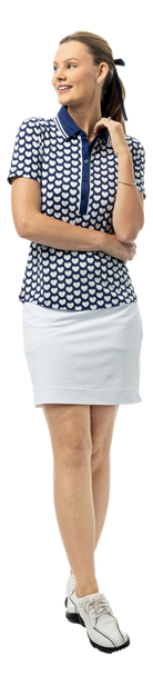 SanSoleil SOLAIR COOL ultra-mesh short sleeve polo shirt in navy with I Heart Golf logo, breathable fabric for active wear.