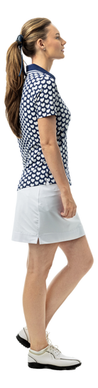 SanSoleil SOLAIR Cool Ultra-Mesh short sleeve polo in navy with I Heart Golf logo, lightweight breathable golf shirt.