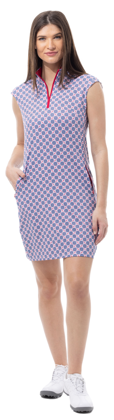 SOLSTYLE COOL SLEEVELESS ZIP MOCK DRESS. 900722-C. SEEING SPOTS. NAVY