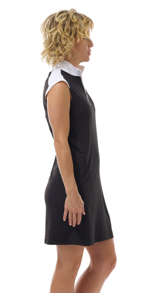 SOLSTYLE COOL SLEEVELESS ZIP MOCK DRESS. BLACK. 900724S - SanSoleil