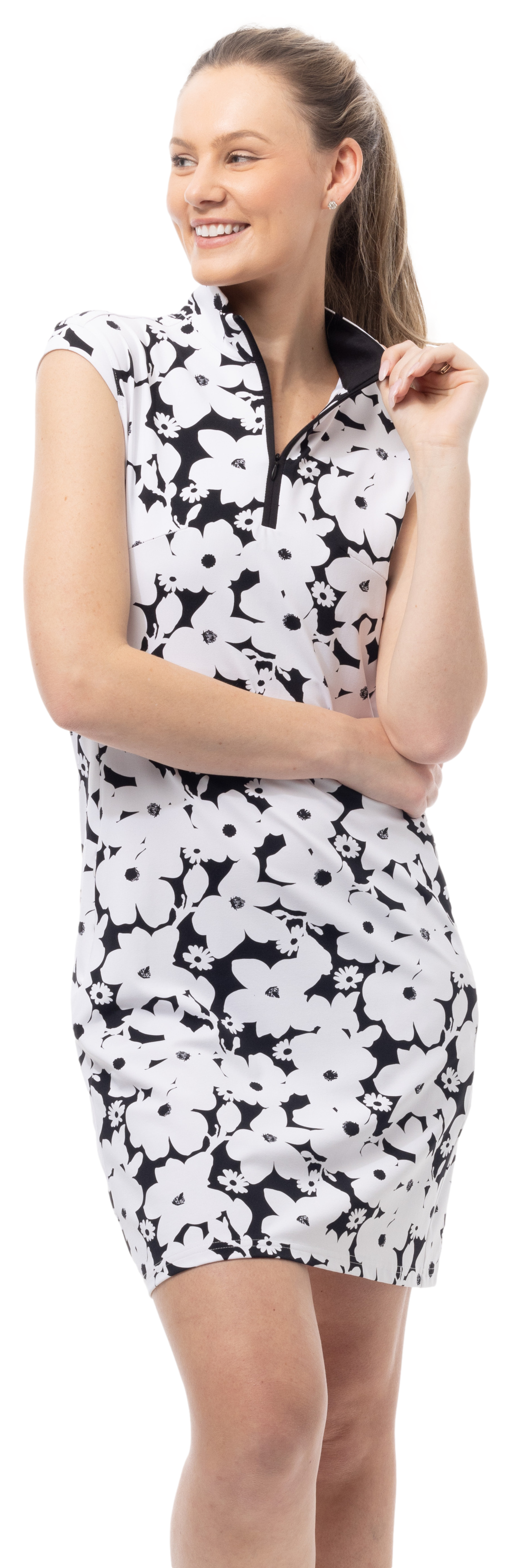 SOLSTYLE COOL SLEEVELESS 1/4 ZIP COLLAR DRESS. MAGNOLIA. BLACK. 900725 - SanSoleil