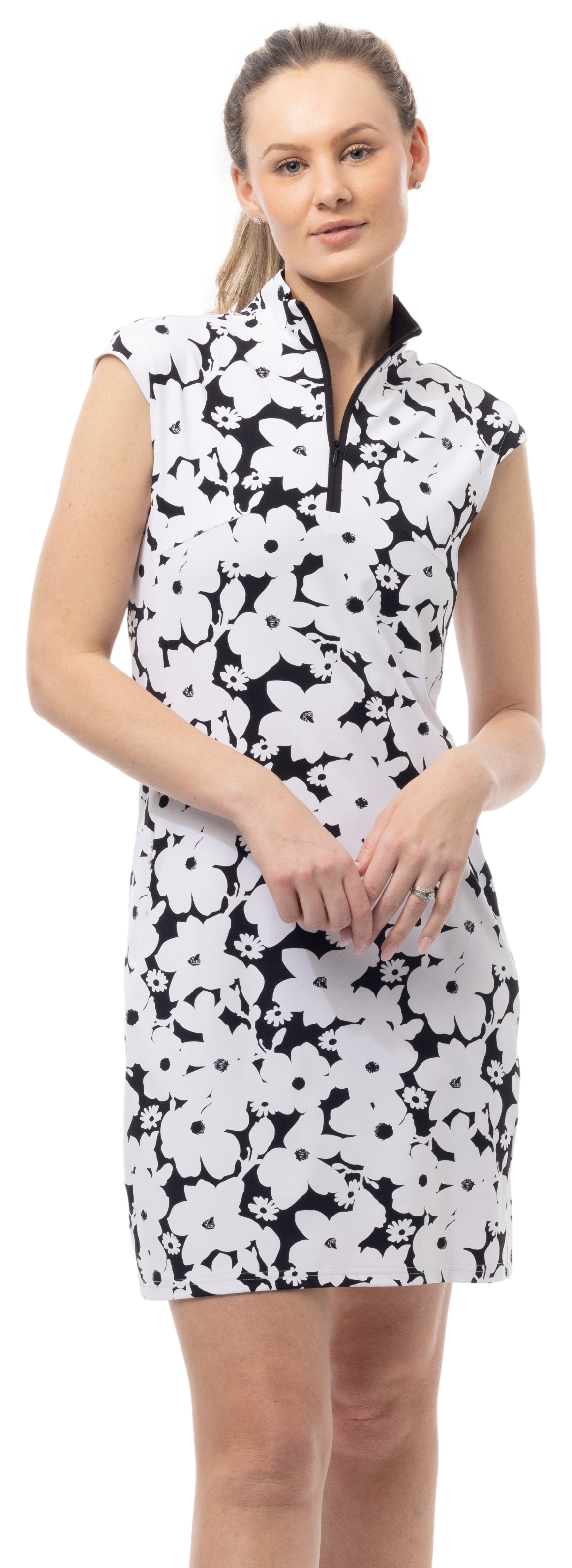 SOLSTYLE COOL SLEEVELESS 1/4 ZIP COLLAR DRESS. MAGNOLIA. BLACK. 900725 - SanSoleil