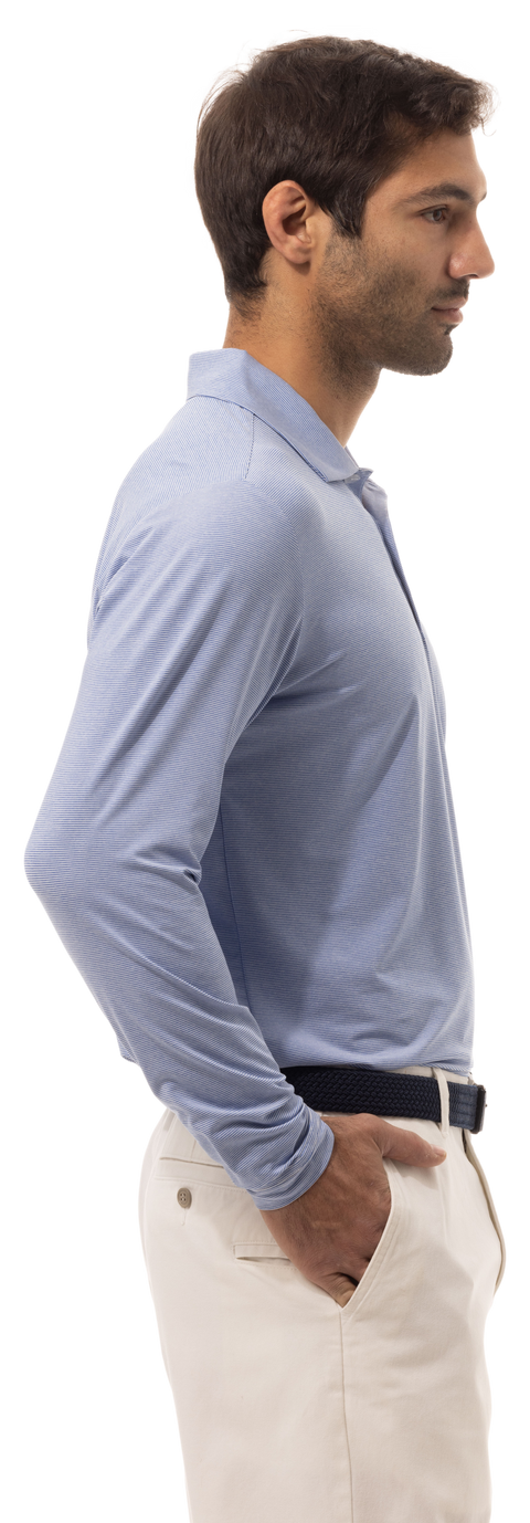MEN'S SOLTEK ICE MINI-STRIPE POLO. MELANGE PACIFIC BLUE & WHITE.  900837MM - SanSoleil