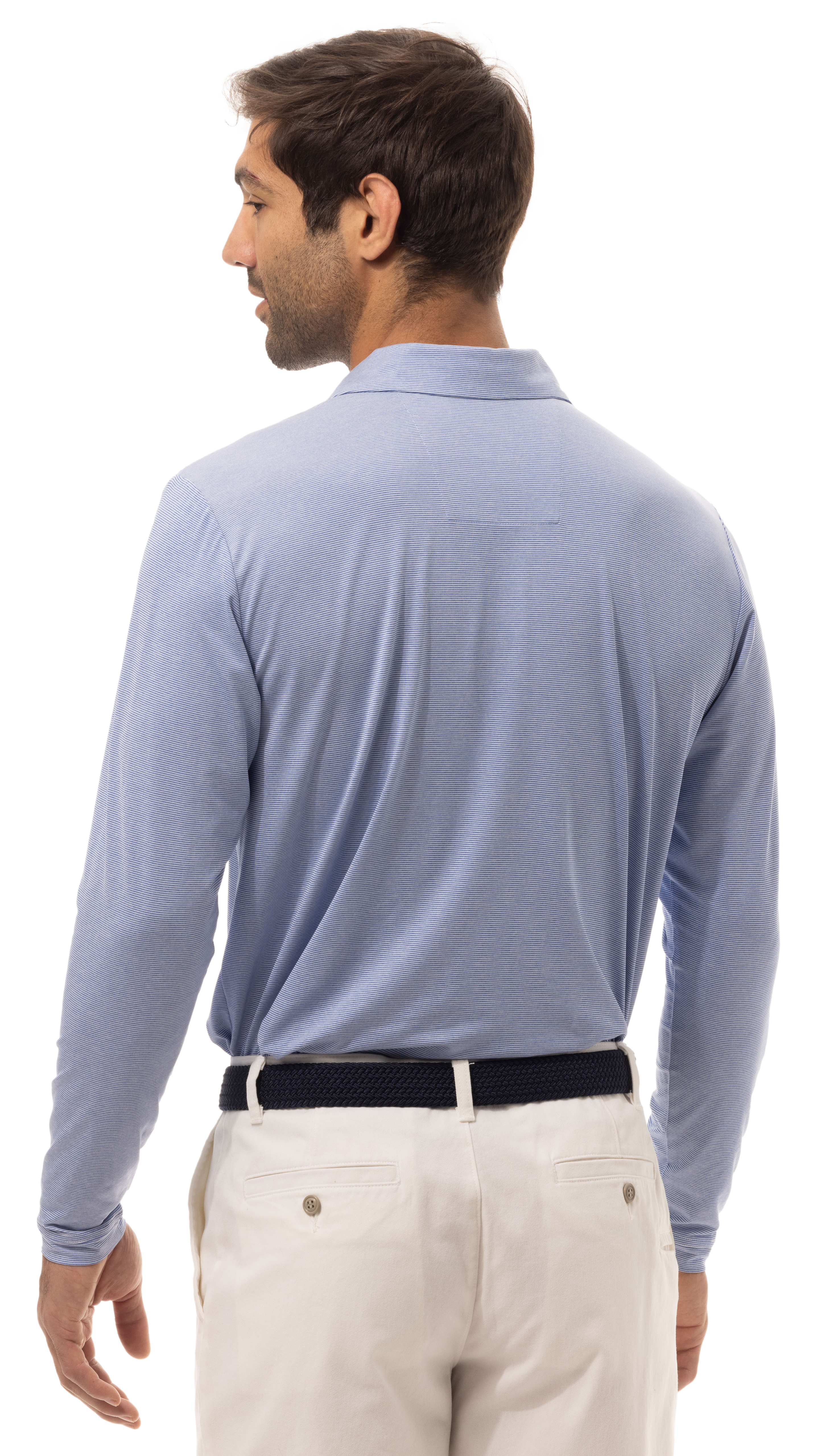 MEN'S SOLTEK ICE MINI-STRIPE POLO. MELANGE PACIFIC BLUE & WHITE.  900837MM - SanSoleil