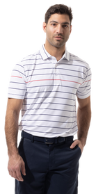 SANSOLEIL MEN'S SolTek ICE BUTTON PRINT POLO. NIGHT SKY NAVY, RED STRIPE. 900840