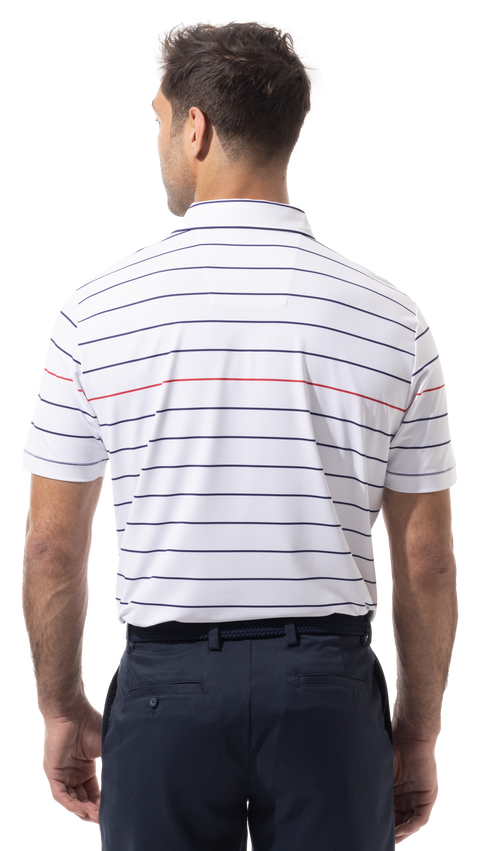 SANSOLEIL MEN'S SOLTEK ICE STRIPE POLO. NIGHT SKY NAVY, RED STRIPE. 900840