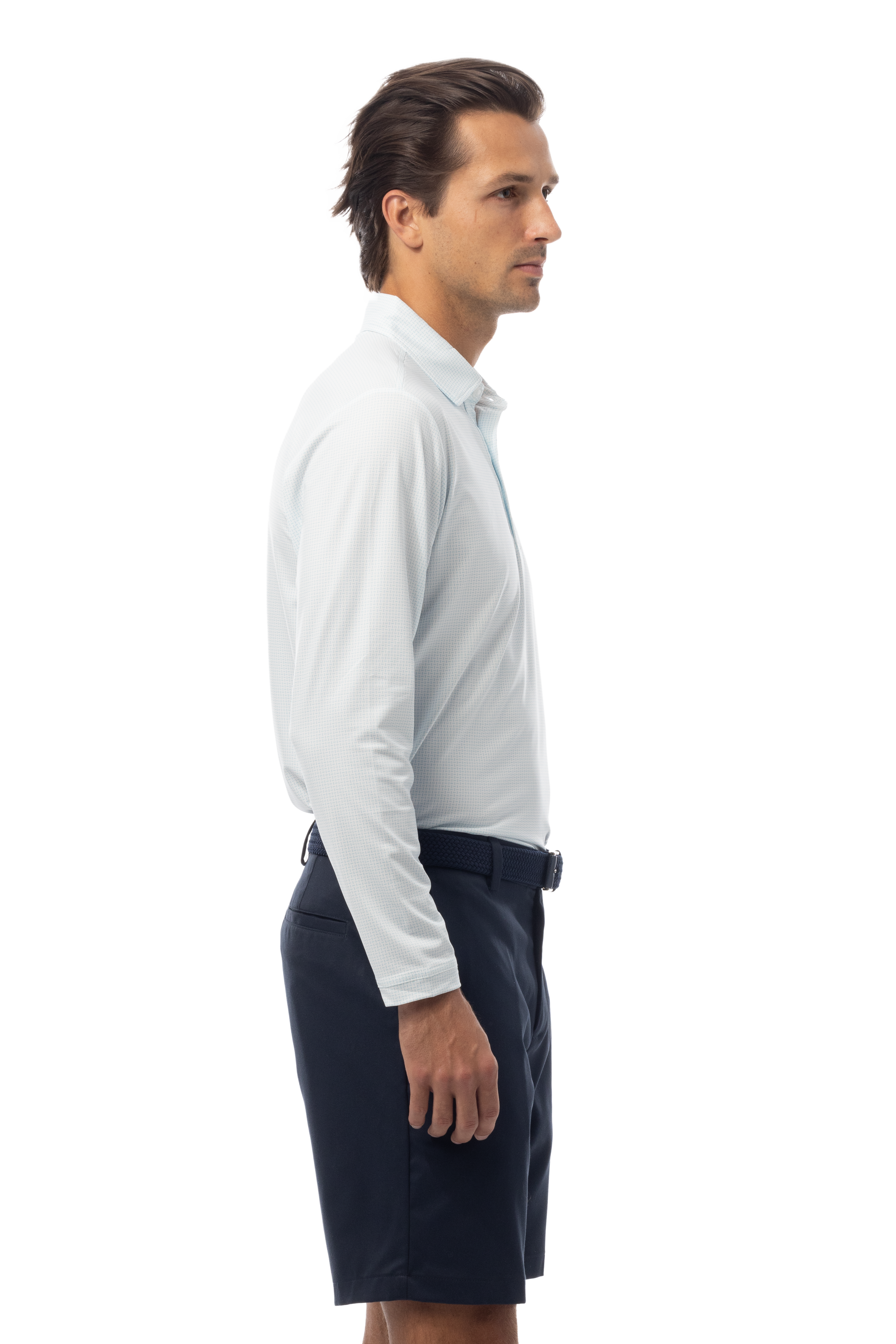 SANSOLEIL'S MEN'S LONG SLEEVE PRINT POLO. MATRIX. TURQ COASTAL BLUE. 900841 - SanSoleil