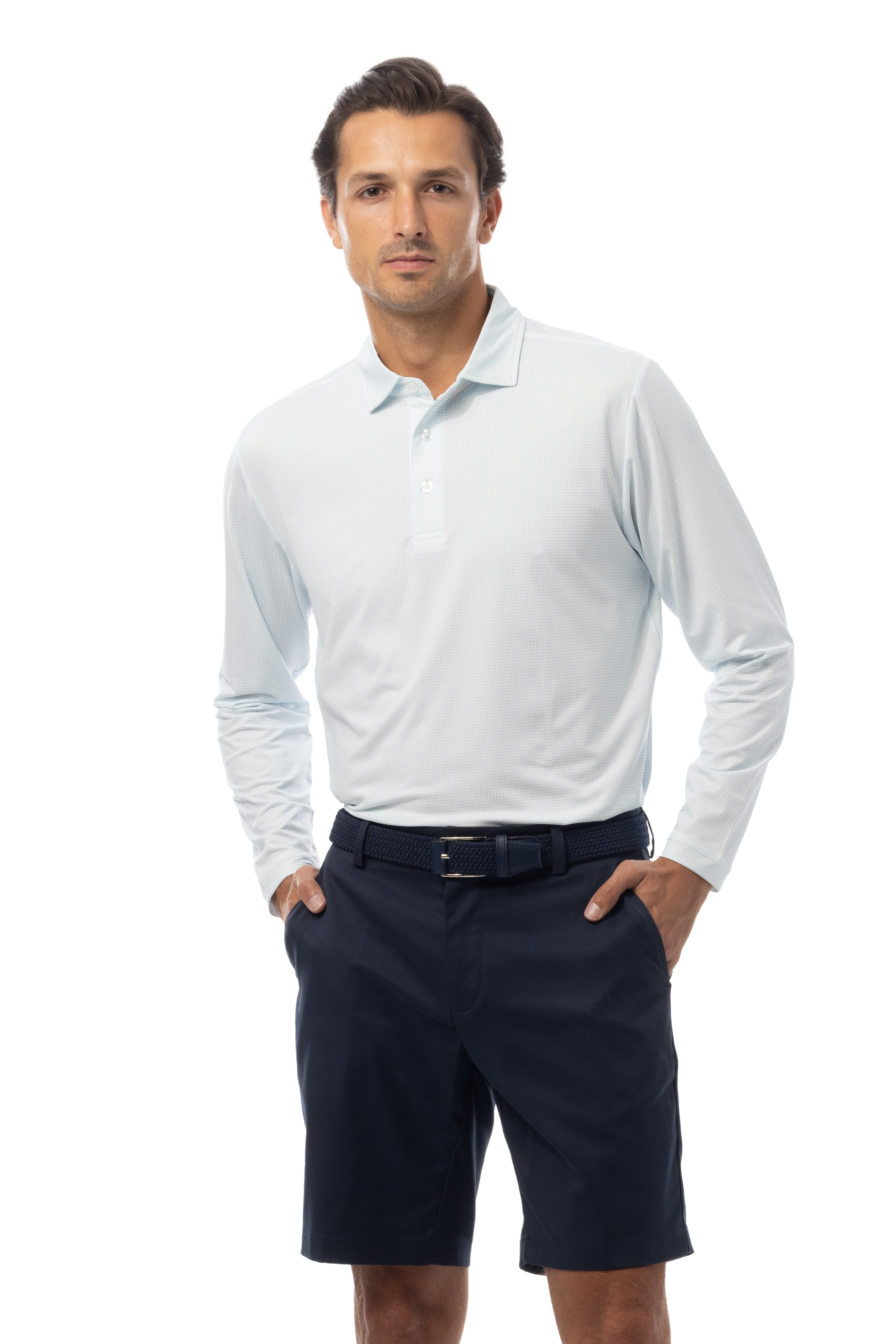 SANSOLEIL'S MEN'S LONG SLEEVE PRINT POLO. MATRIX. TURQ COASTAL BLUE. 900841 - SanSoleil