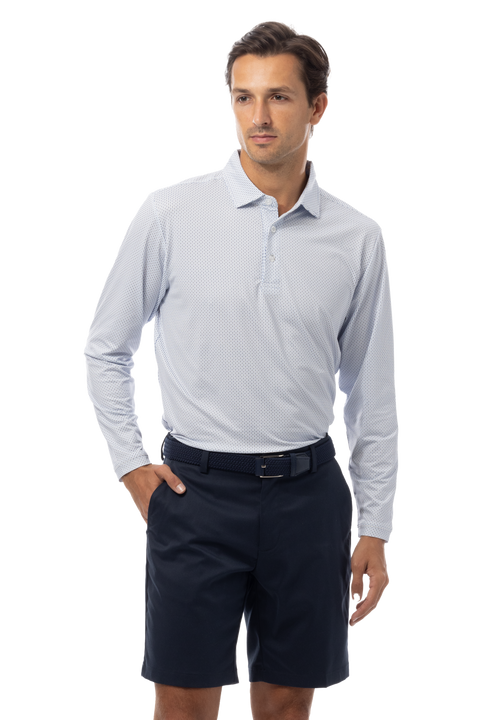 SANSOLEIL'S MEN'S LONG SLEEVE PRINT POLO. MATRIX. PERI NAVY.  900841