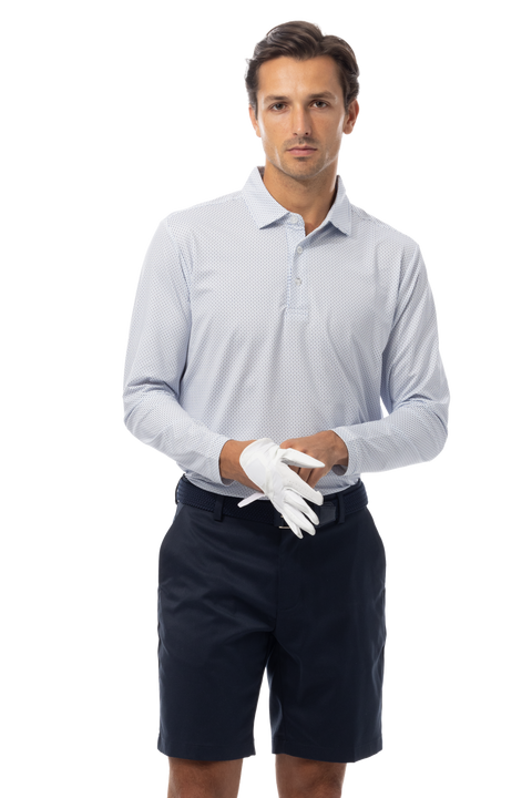 SANSOLEIL'S MEN'S LONG SLEEVE PRINT POLO. MATRIX. PERI NAVY.  900841