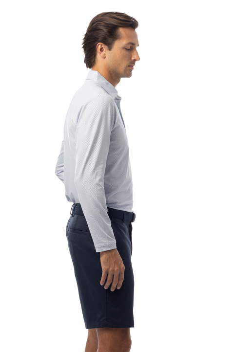 SANSOLEIL'S MEN'S LONG SLEEVE PRINT POLO. MATRIX. PERI NAVY.  900841