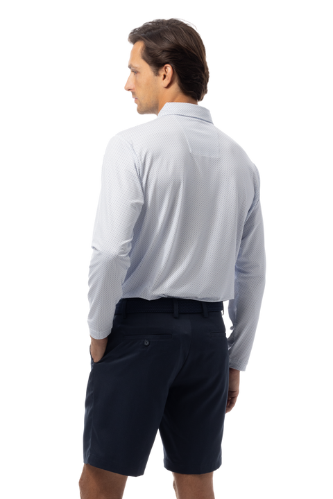 SANSOLEIL'S MEN'S LONG SLEEVE PRINT POLO. MATRIX. PERI NAVY.  900841