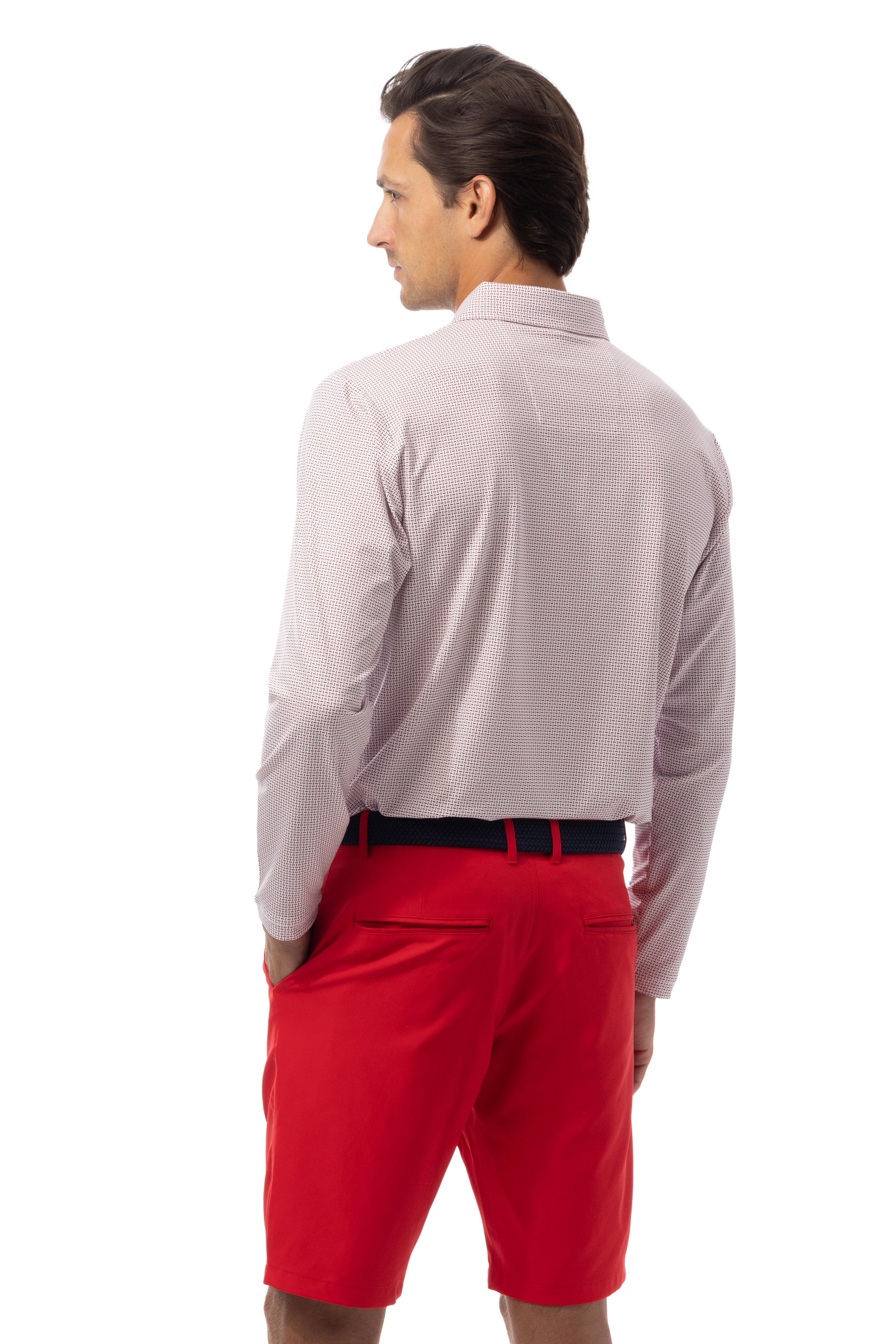 SANSOLEIL'S MEN'S LONG SLEEVE PRINT POLO. MATRIX RED NAVY.  900841 - SanSoleil