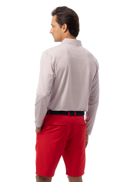 SANSOLEIL'S MEN'S LONG SLEEVE PRINT POLO. MATRIX RED NAVY.  900841