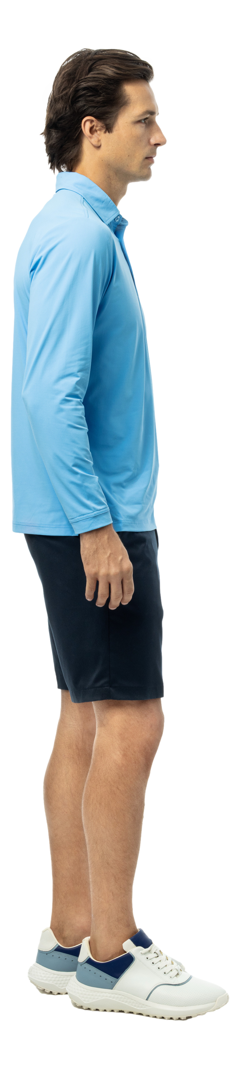 Men's Solair Cool Long Sleeve Polo in Blue Jay by SanSoleil Men's Collection, featuring lightweight, breathable fabric.