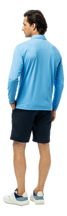 Men's SanSoleil Solair Cool long sleeve polo in Blue Jay color, featuring lightweight fabric and comfortable fit.