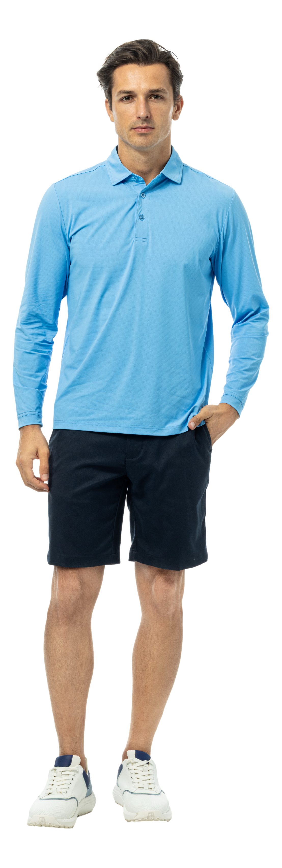 SanSoleil Men's Solair Cool Long Sleeve Polo in Blue Jay color with a breathable fabric and classic fit.