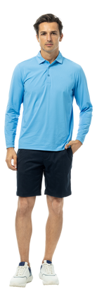 SanSoleil Men's Solair Cool Long Sleeve Polo in Blue Jay color with a breathable fabric and classic fit.