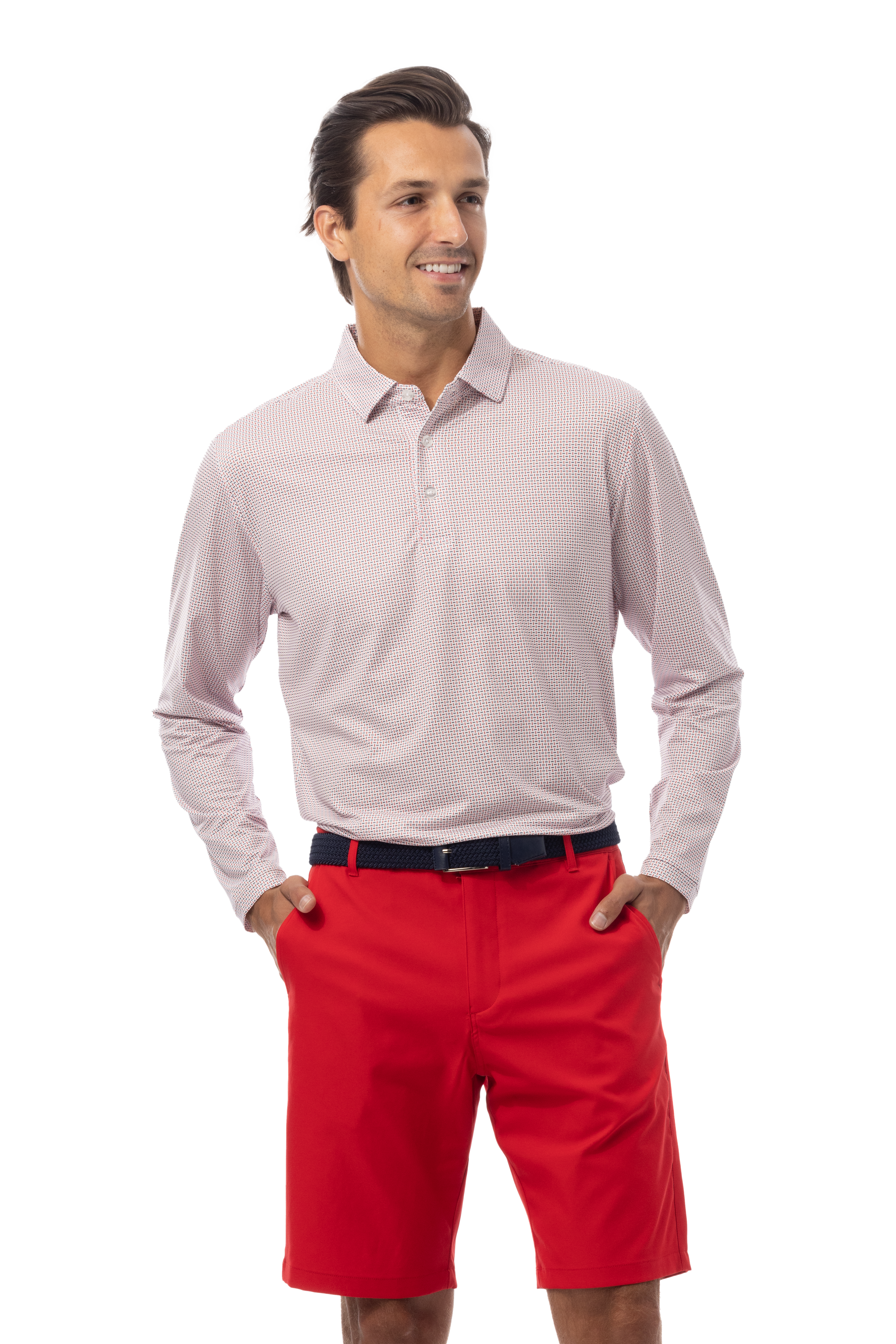 SANSOLEIL'S MEN'S LONG SLEEVE PRINT POLO. MATRIX RED NAVY.  900841 - SanSoleil