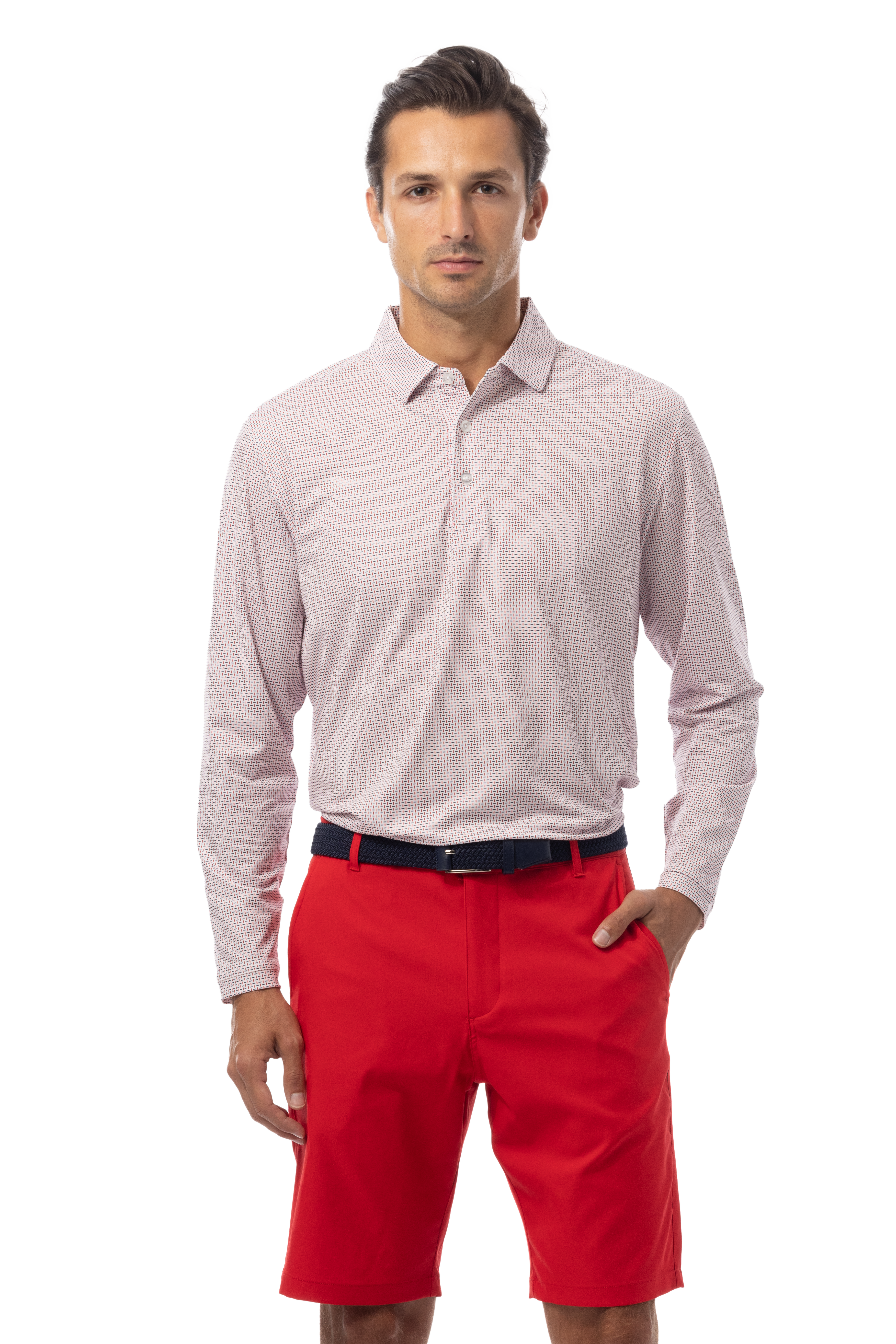 SANSOLEIL'S MEN'S LONG SLEEVE PRINT POLO. MATRIX RED NAVY.  900841 - SanSoleil