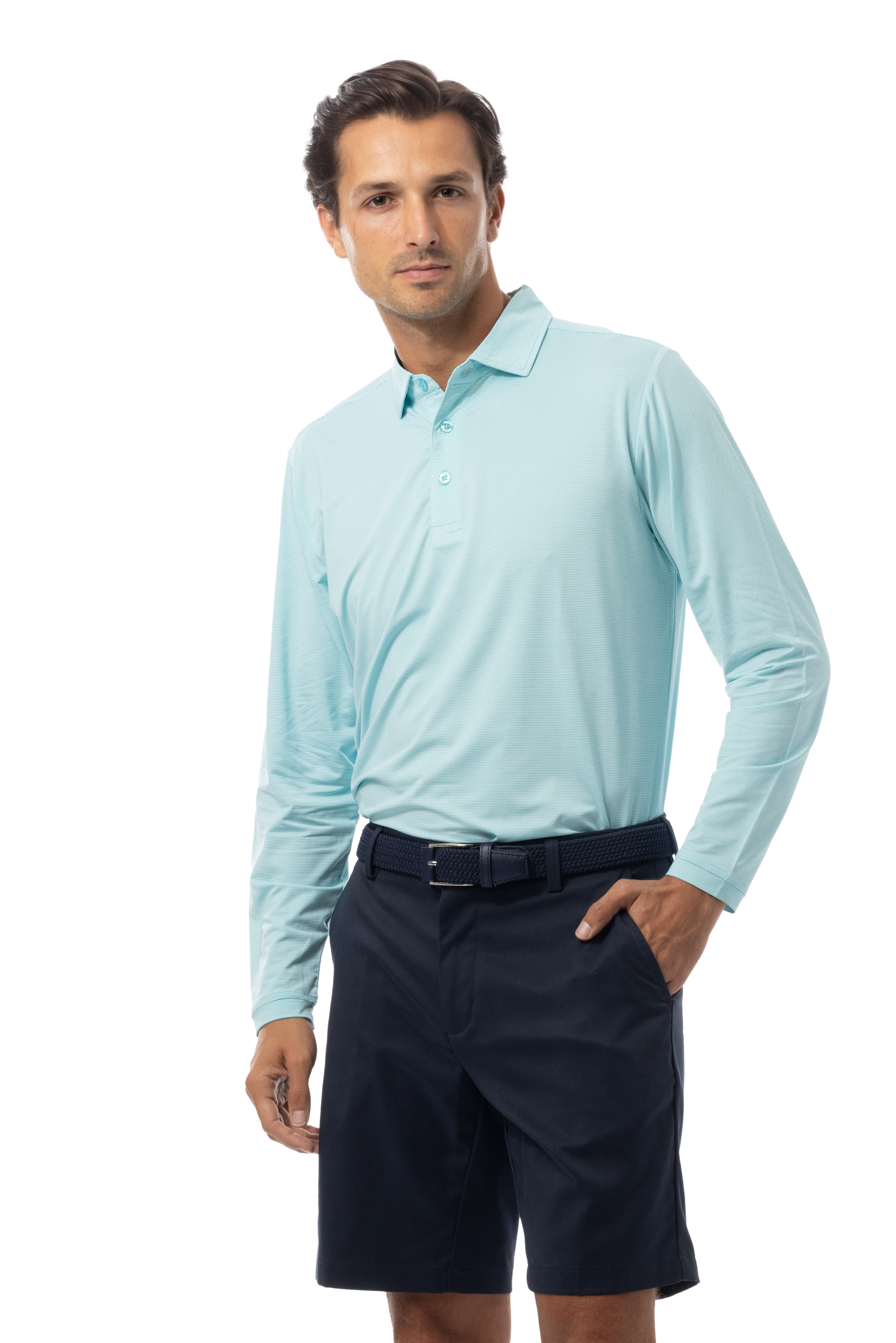 SANSOLEIL MEN'S SOLMELANGE ICE MINI-STRIPE POLO. TURQ-WHITE. 900841MM - SanSoleil