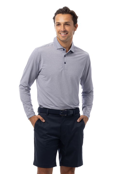 MEN'S SOLMELANGE MINI-STRIPE LONG-SLEEVE POLO. NAVY-WHITE. 900841MM