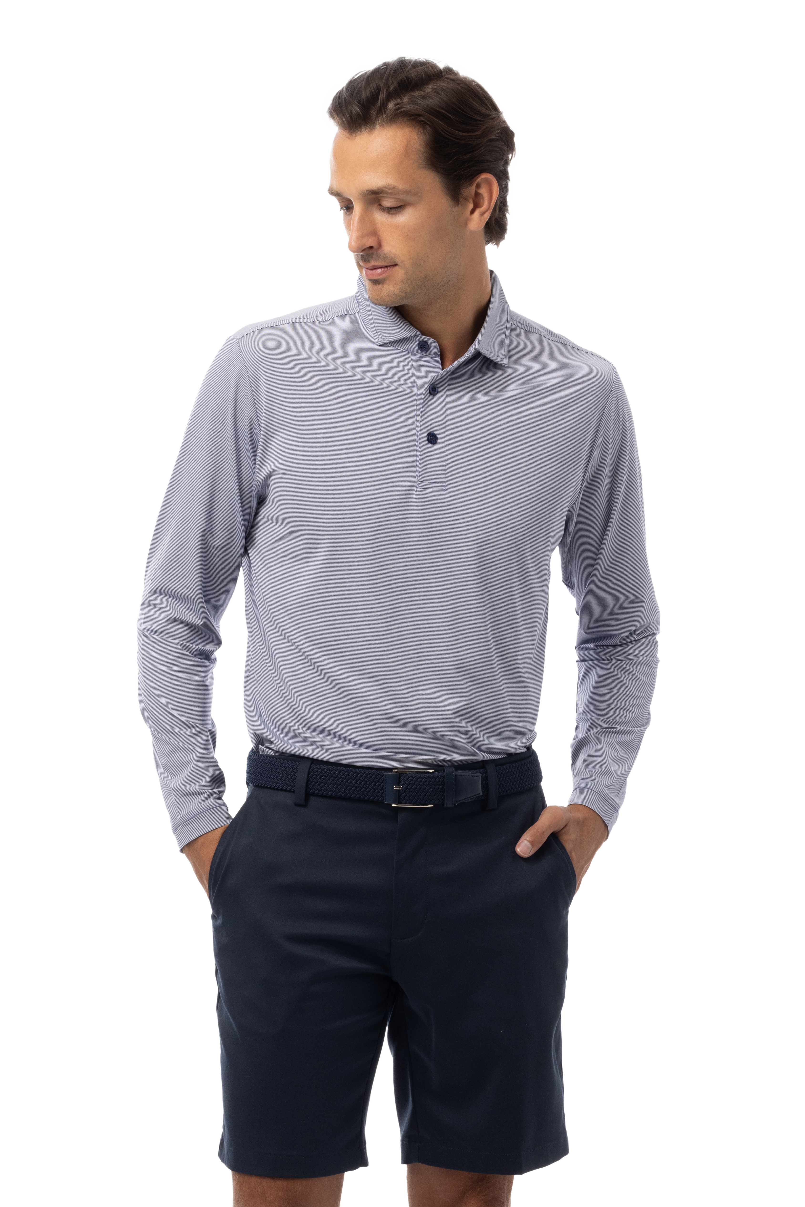MEN'S SOLMELANGE MINI-STRIPE LONG-SLEEVE POLO. NAVY-WHITE. 900841MM - SanSoleil