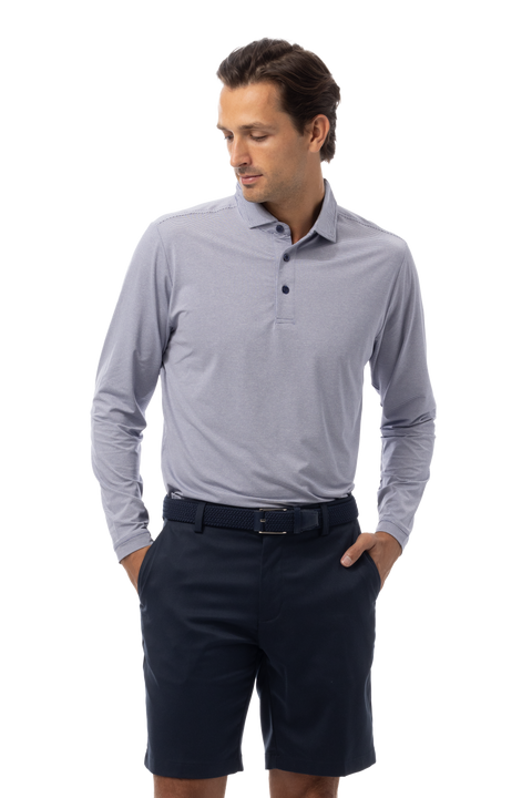 MEN'S SOLMELANGE MINI-STRIPE LONG-SLEEVE POLO. NAVY-WHITE. 900841MM