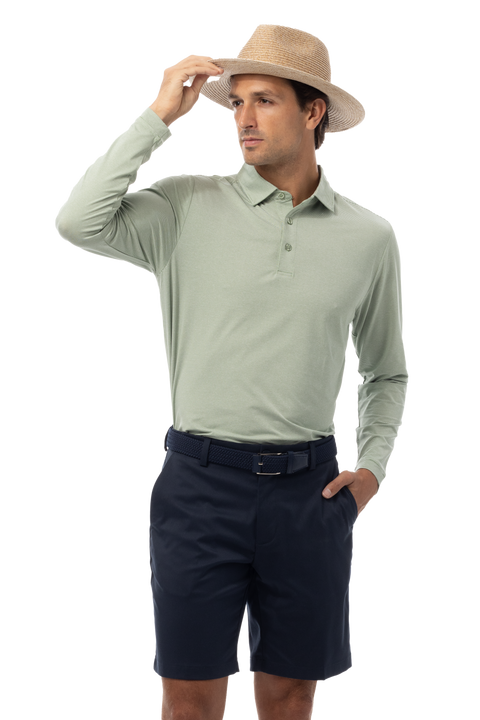 MEN'S SOLMELANGE MINI-STRIPE LONG-SLEEVE POLO. MOSS-WHITE. 900841MM