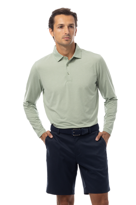 MEN'S SOLMELANGE MINI-STRIPE LONG-SLEEVE POLO. MOSS-WHITE. 900841MM