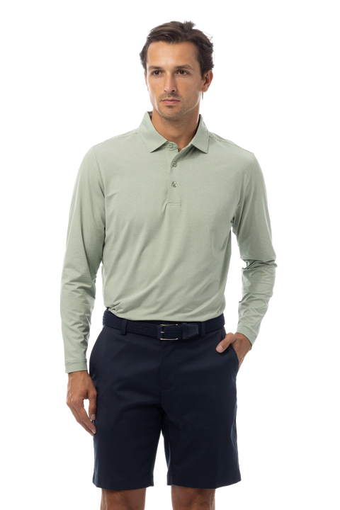 MEN'S SOLMELANGE MINI-STRIPE LONG-SLEEVE POLO. MOSS-WHITE. 900841MM