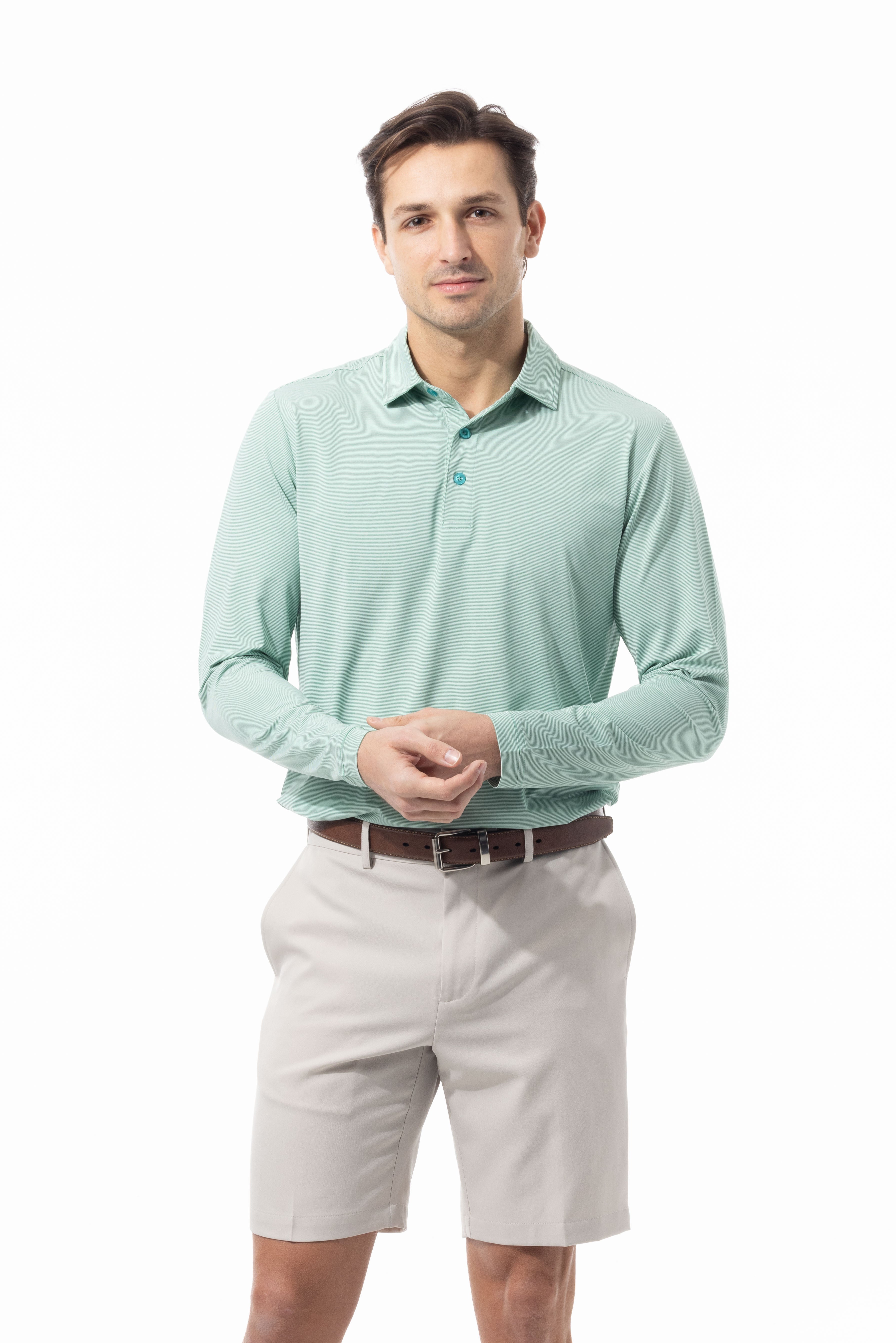 Long-Sleeve, cooling, stripe Golf Polos for Men from SanSoleil. UV