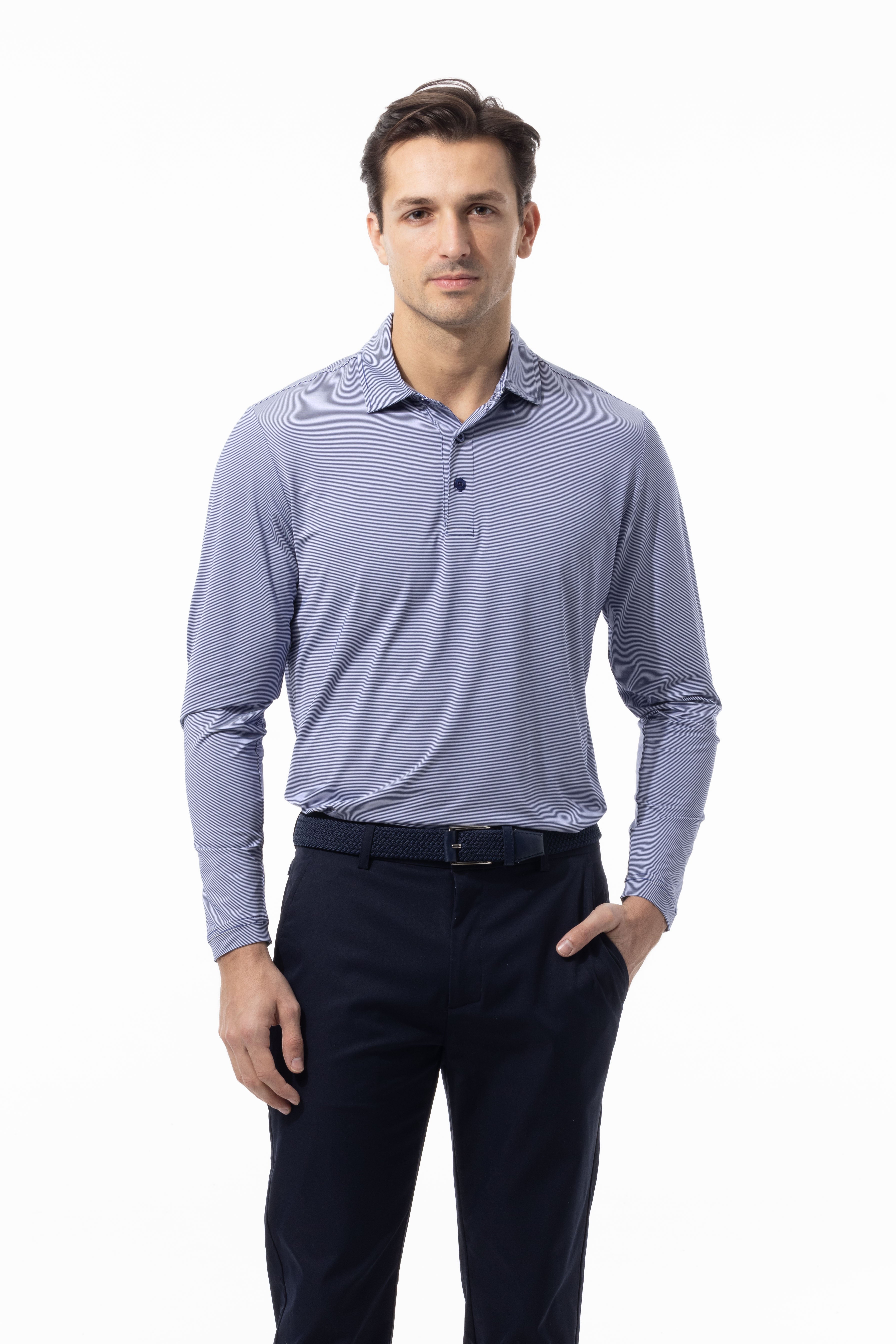 MEN'S SOLMELANGE ICE MINI-STRIPE POLO. MIDNIGHT WHITE. 900841MM - SanSoleil