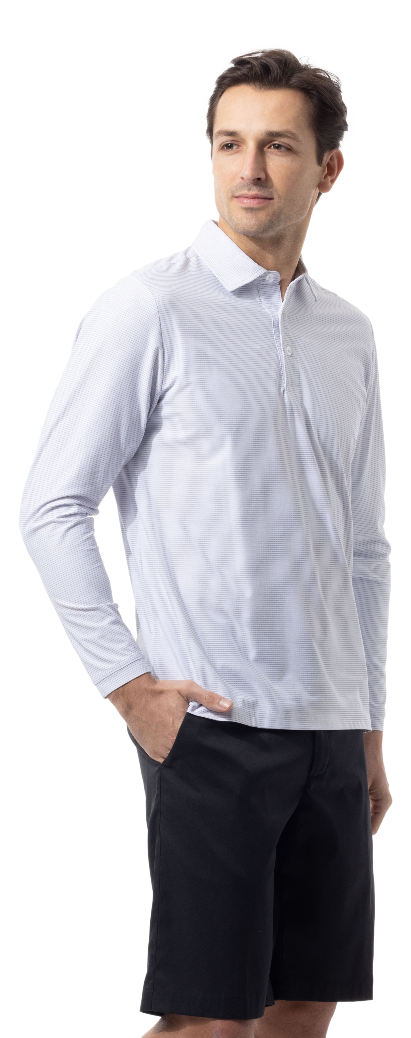 SANSOLEIL'S MEN'S SOLAIR LONG SLEEVE POLO. WHITE BLACK. STRIPE. 900841S - SanSoleil
