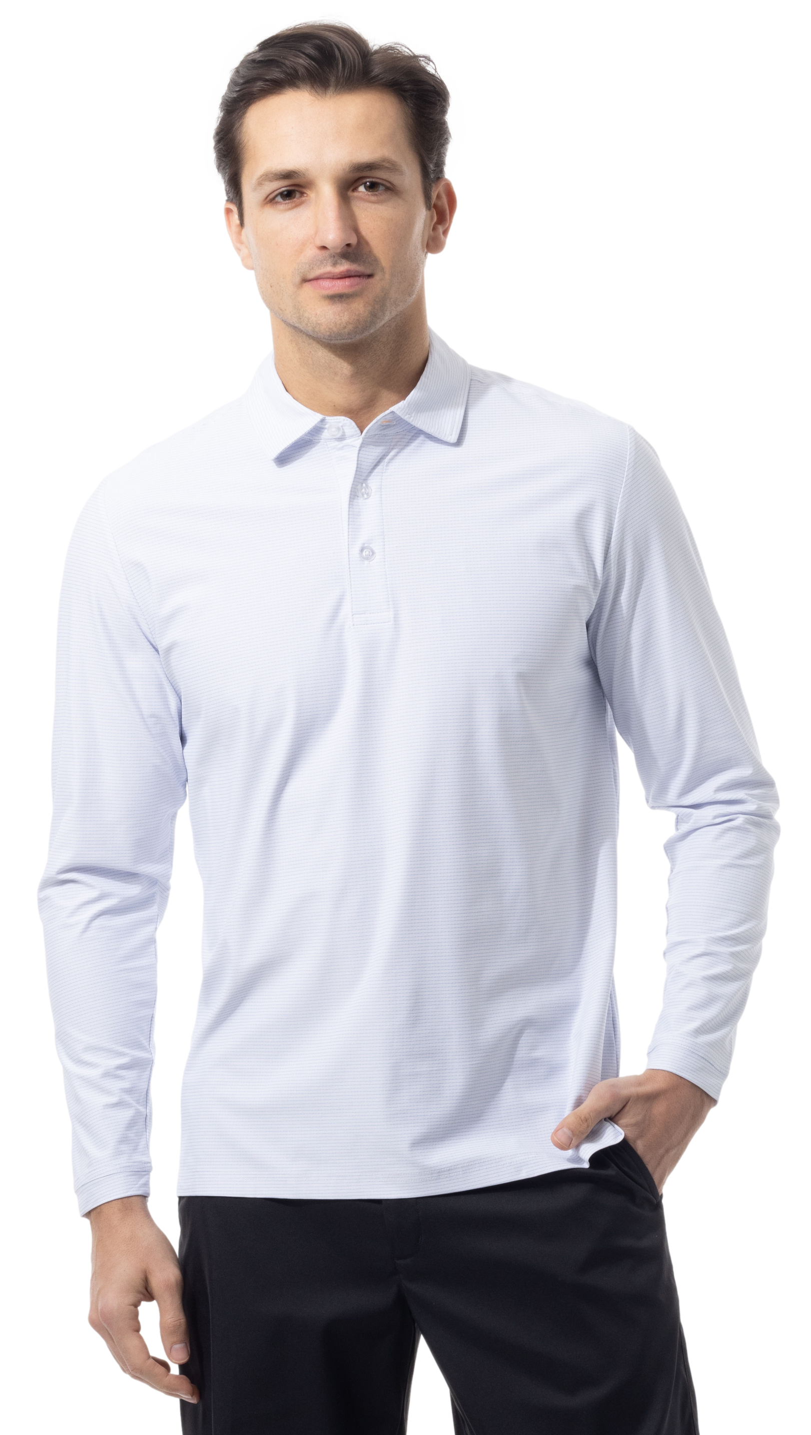 SANSOLEIL'S MEN'S SOLAIR LONG SLEEVE POLO. WHITE COASTAL. STRIPE. 900841S - SanSoleil