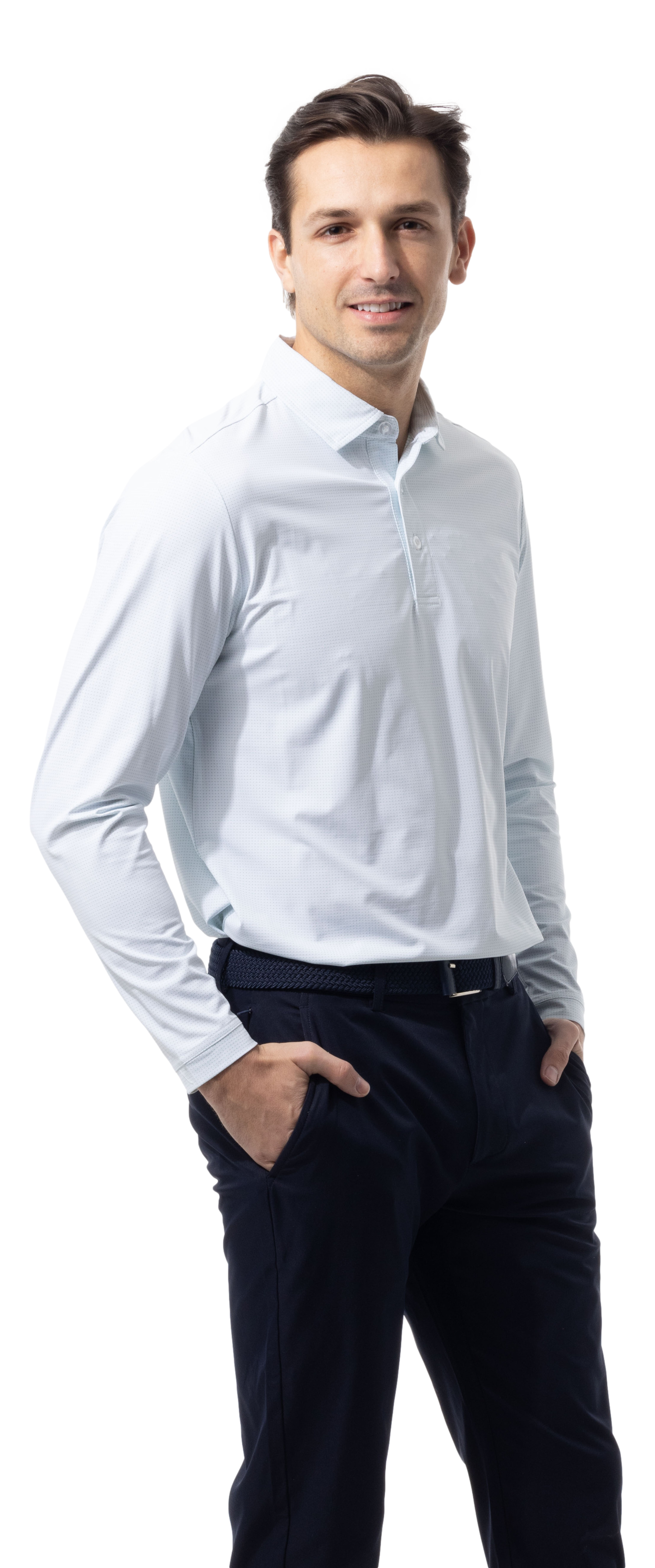 SANSOLEIL'S MEN'S SOLAIR LONG SLEEVE POLO. WHITE COASTAL. STRIPE. 900841S - SanSoleil