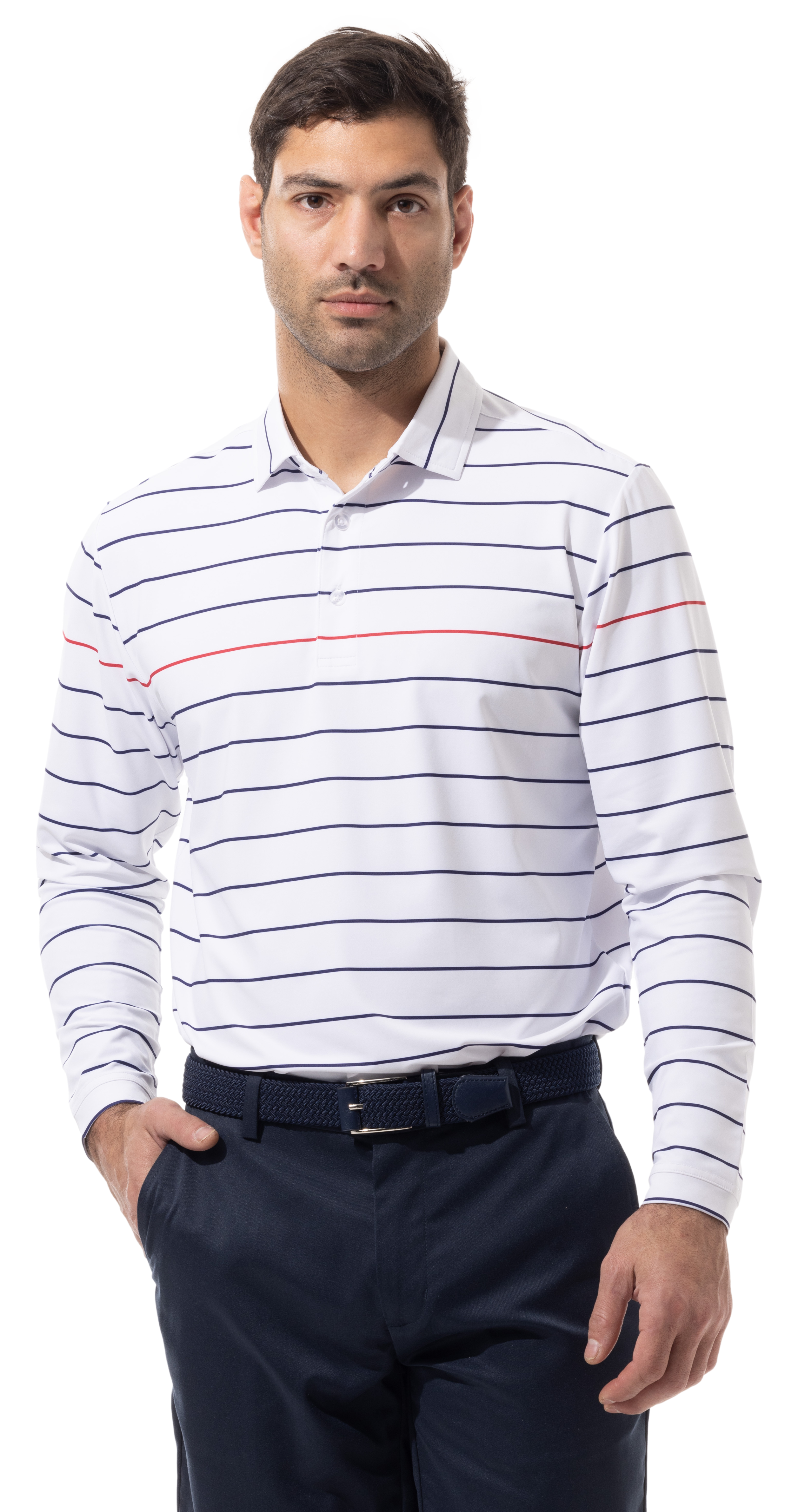 Soltek Ice Long Sleeve Polo. White, Navy, Red, Stripe - 900841