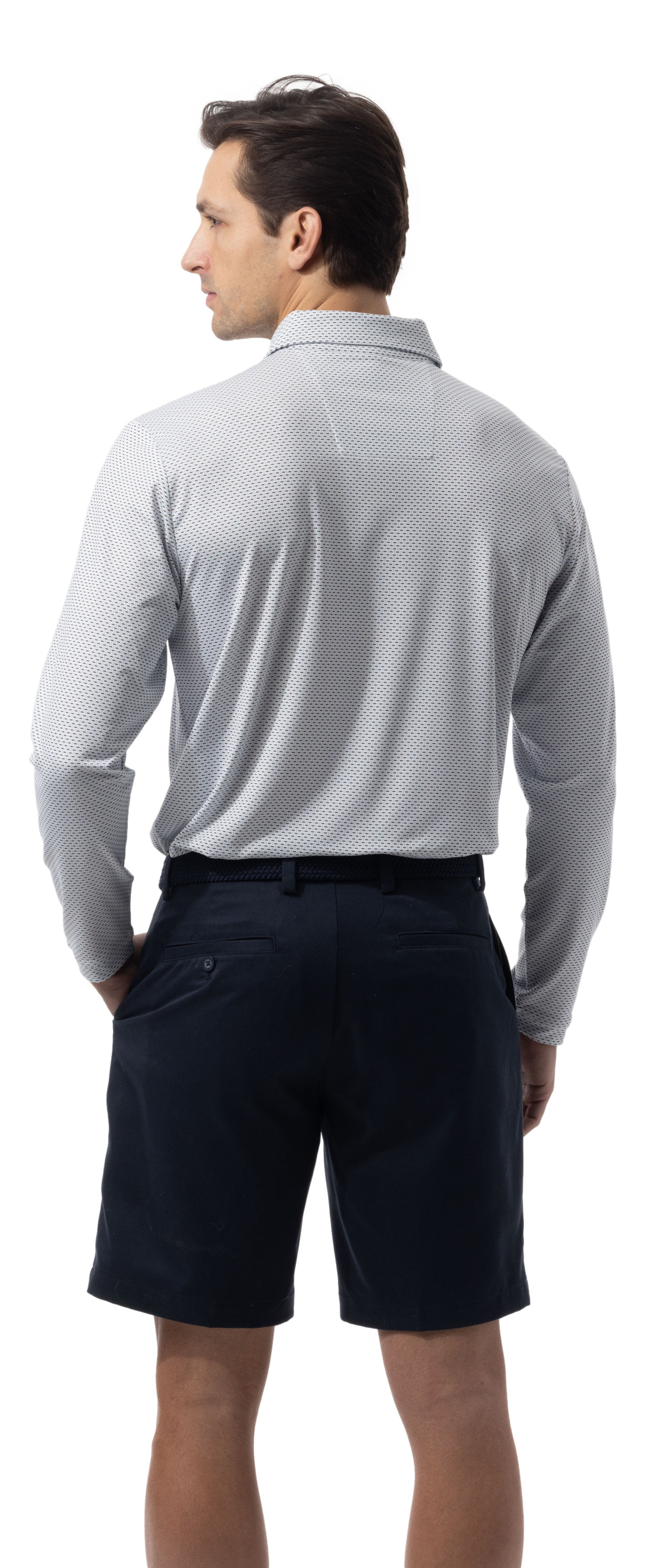 SANSOLEIL'S MEN'S LONG SLEEVE PRINT POLO. MATRIX. COASTAL BLACK. 900841 - SanSoleil