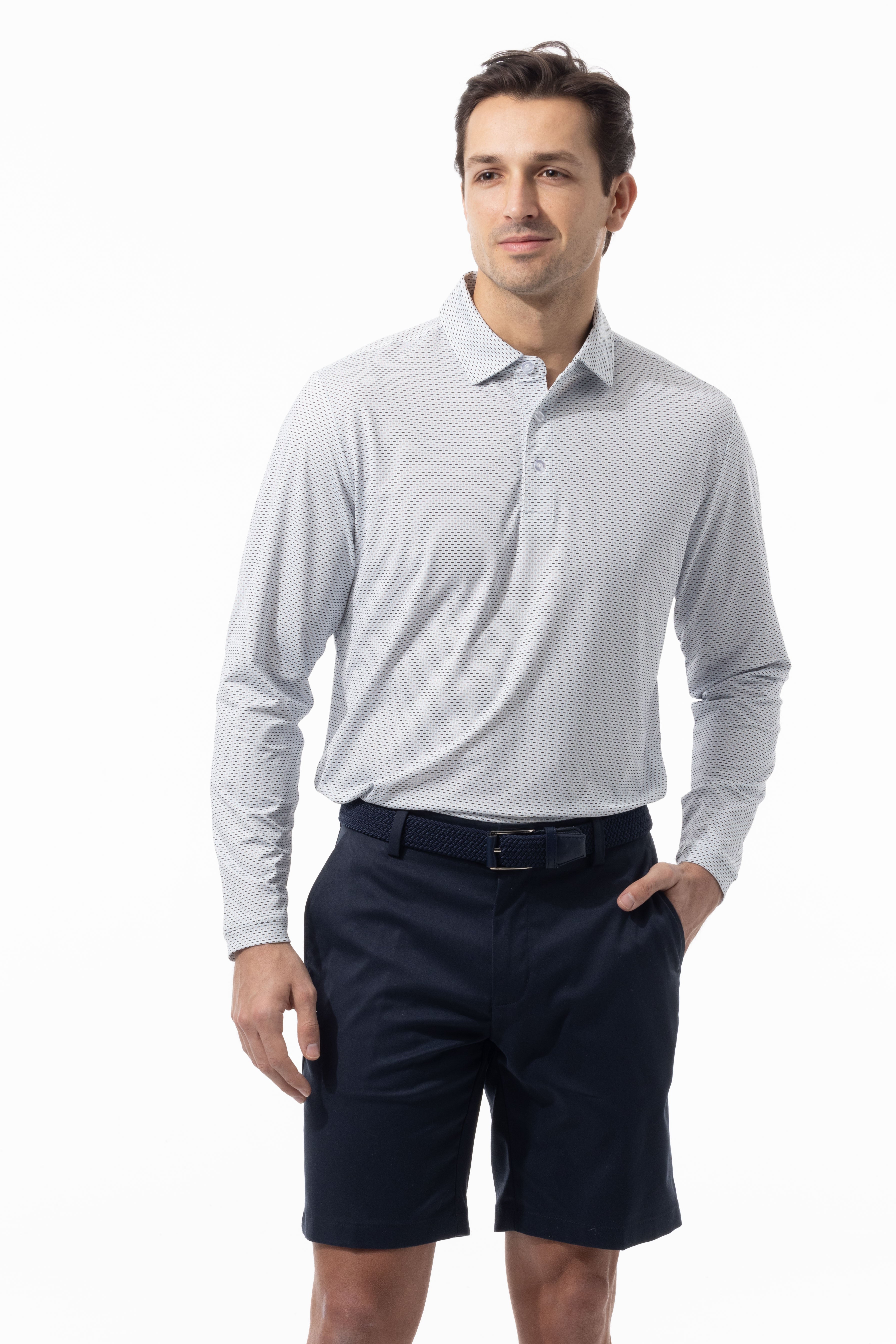 SANSOLEIL'S MEN'S LONG SLEEVE PRINT POLO. MATRIX. COASTAL BLACK. 900841 - SanSoleil