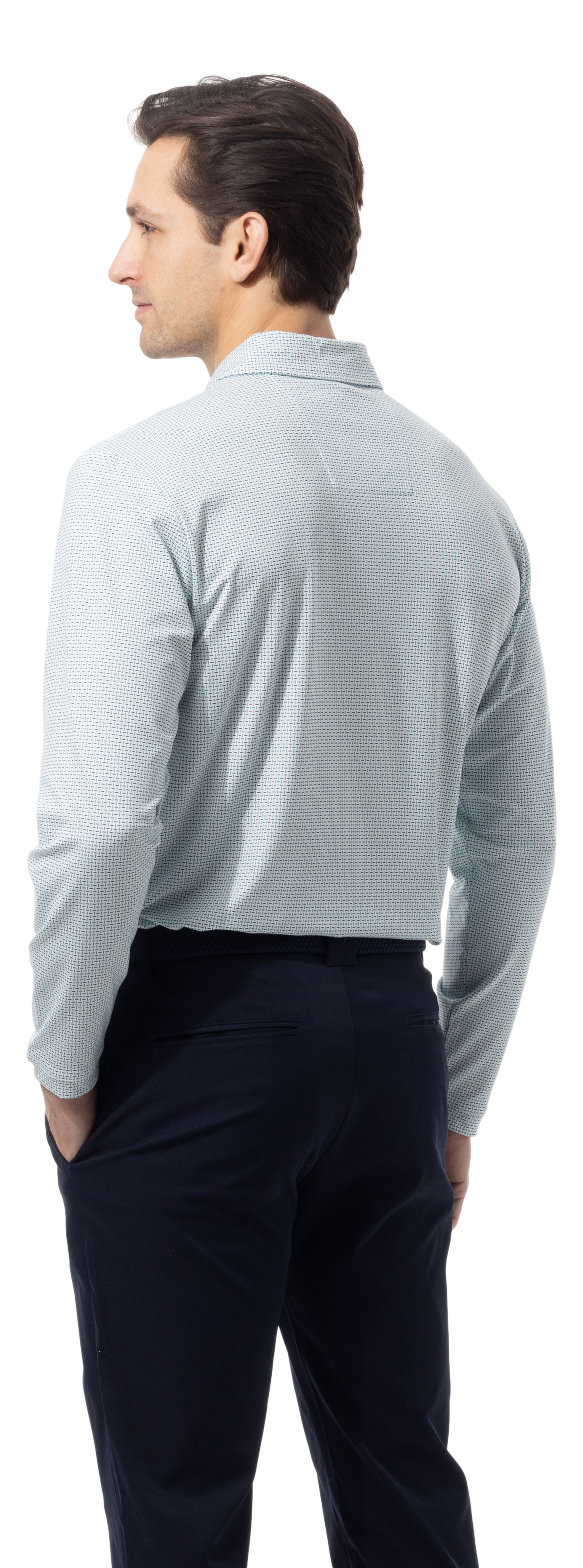 MEN'S SOLAIR LONG SLEEVE POLO. WHITE. MATRIX. GREEN NAVY. 900841A - SanSoleil
