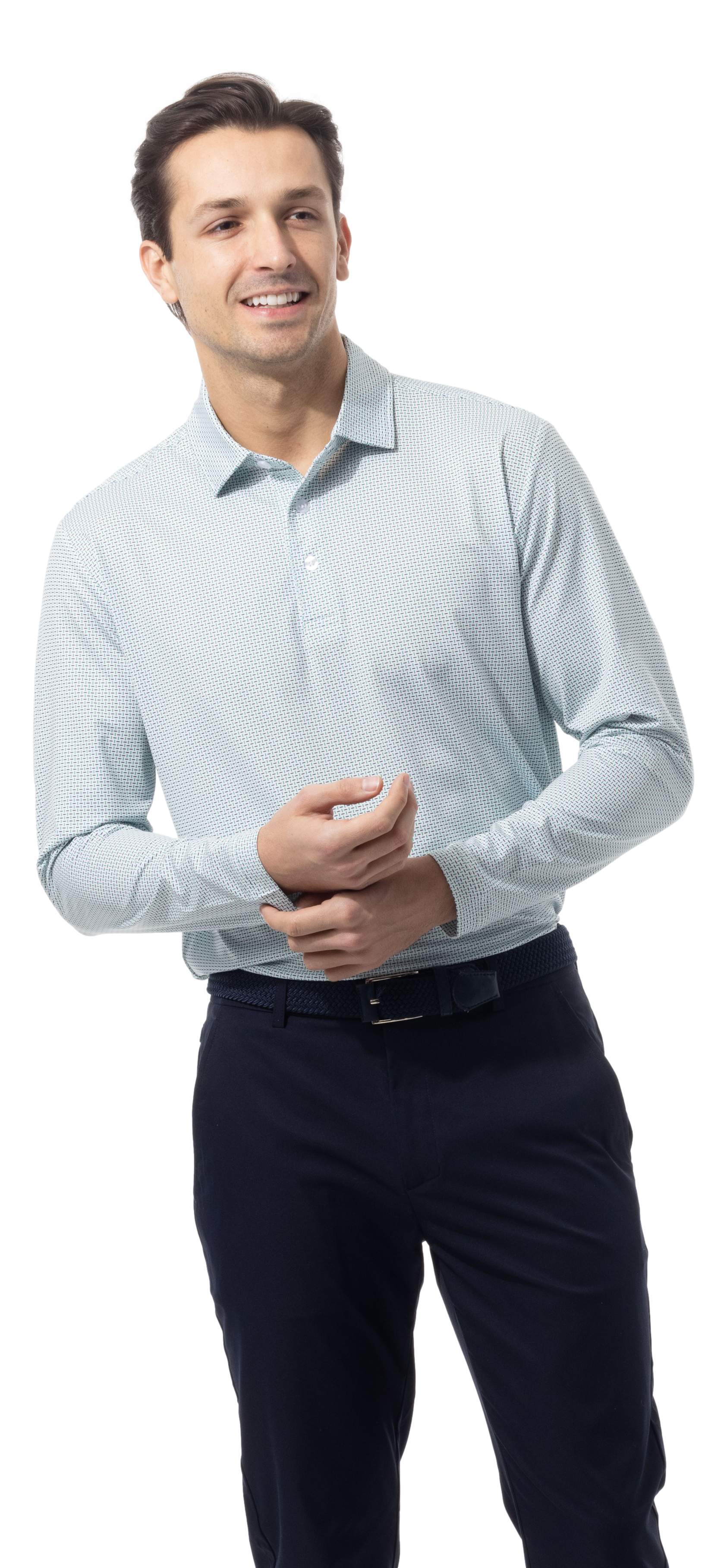 MEN'S SOLAIR LONG SLEEVE POLO. WHITE. MATRIX. GREEN NAVY. 900841A - SanSoleil