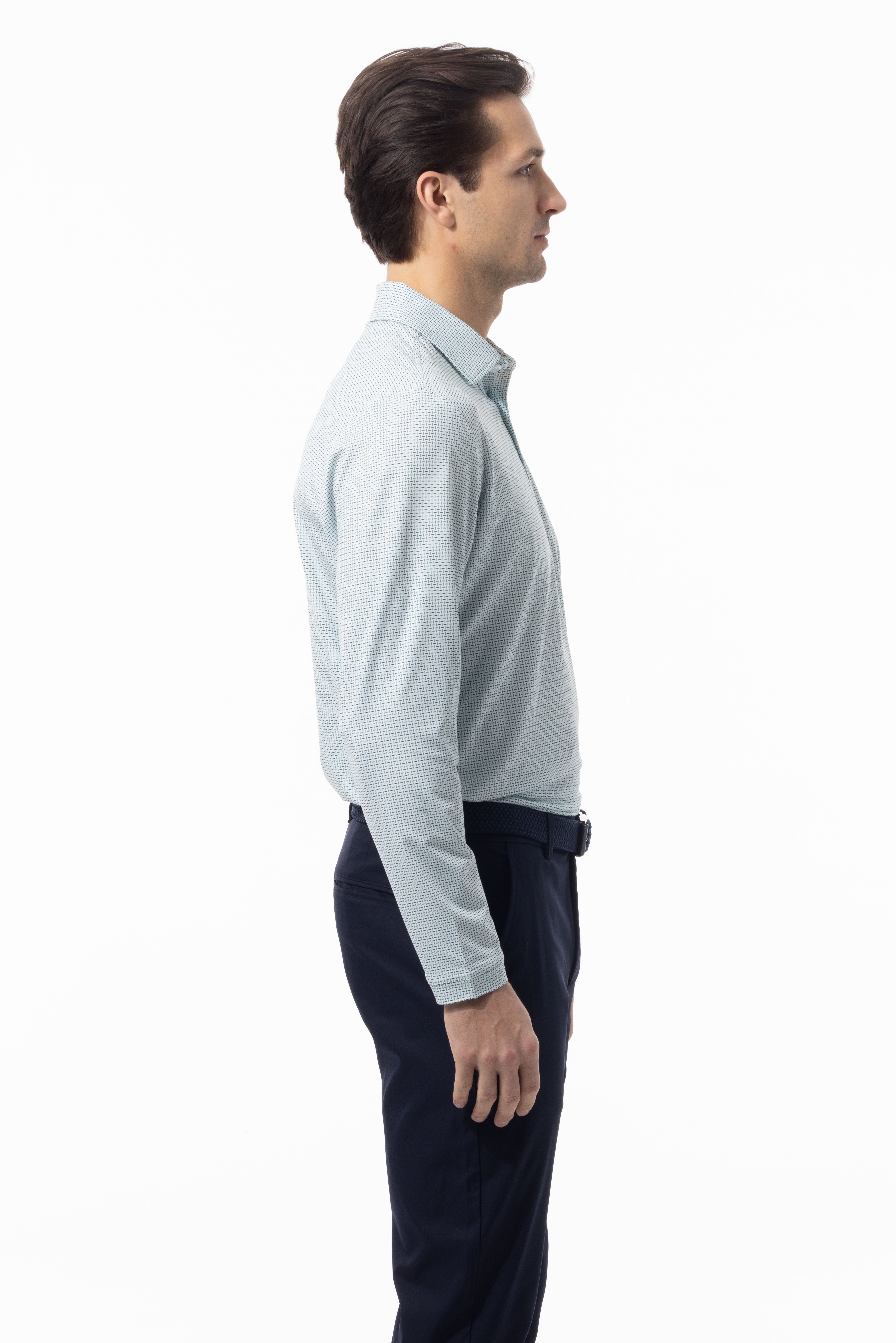 SANSOLEIL'S MEN'S LONG SLEEVE PRINT POLO. MATRIX. GREEN NAVY. 900841 - SanSoleil